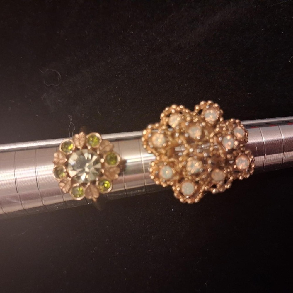 2 Vintage 60s-70s Statement Rings / Avon Green Floral + Faux Opal Cluster